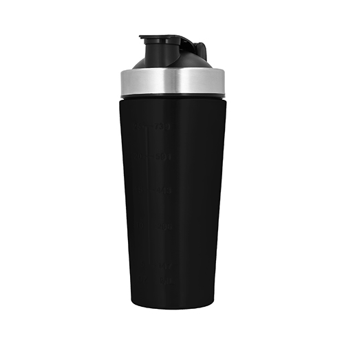 T-93, Shaker de acero inoxidable con medidor, bola mezcladora de acero y tapa enroscable con boquilla. Cap. 750 ml.